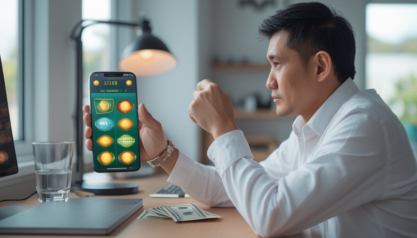 Seorang pemula memainkan permainan slot di ponsel dengan sejumlah kecil uang di meja.