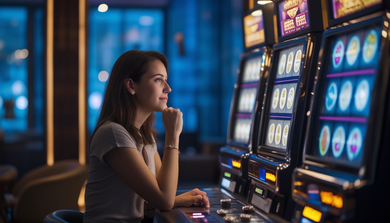 Seseorang mengamati mesin slot di ruang hiburan.