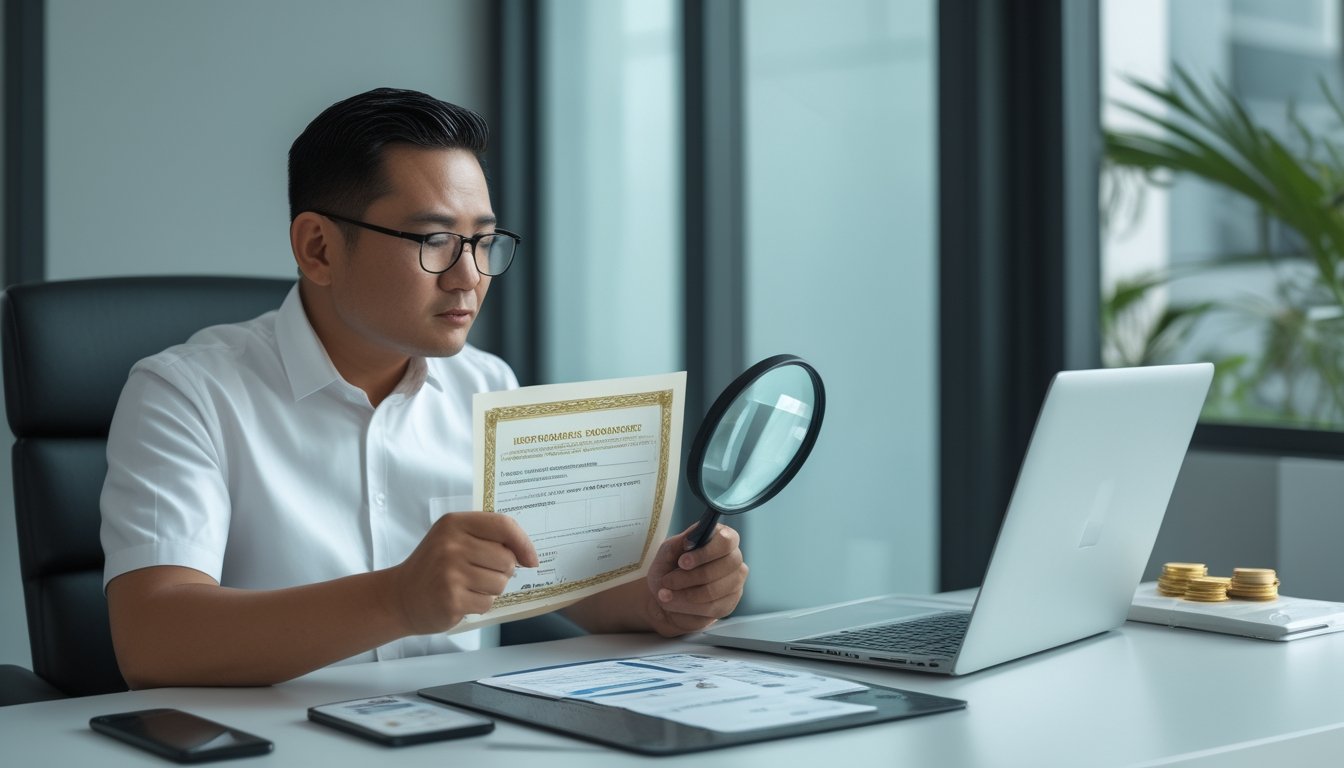 Seseorang memeriksa dokumen lisensi sambil melihat situs web melalui laptop.