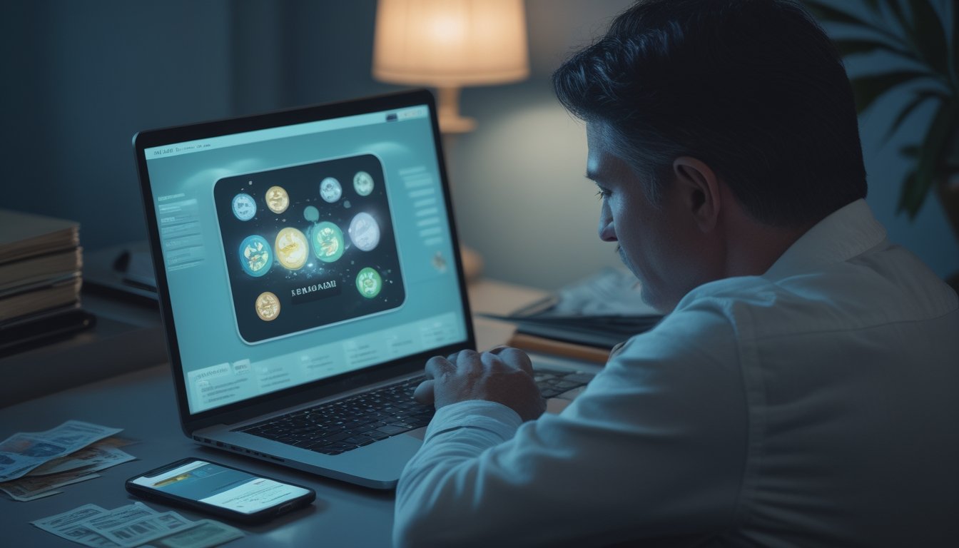 Seseorang tampak khawatir saat melihat laptop dengan tampilan permainan judi daring.