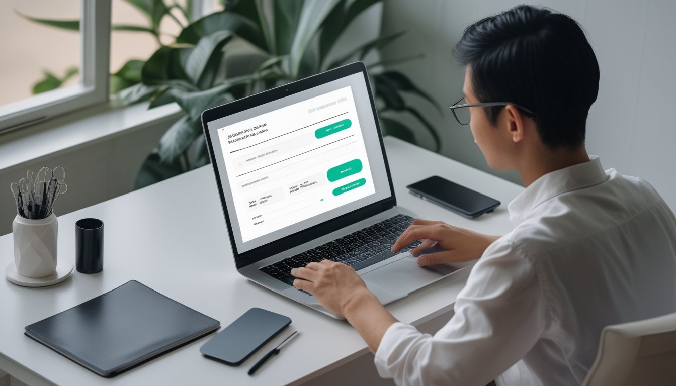 Seseorang menggunakan laptop untuk mengisi formulir pendaftaran akun di meja kerja.