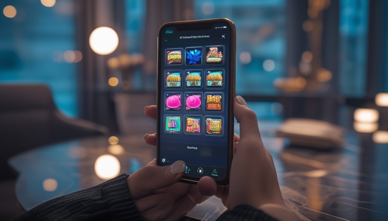 Seseorang memainkan permainan slot digital di ponsel dalam suasana modern.