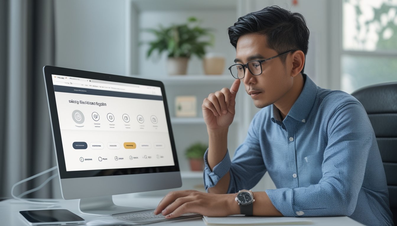 Seorang dewasa memeriksa situs di laptop dengan ponsel dan kalkulator di meja.