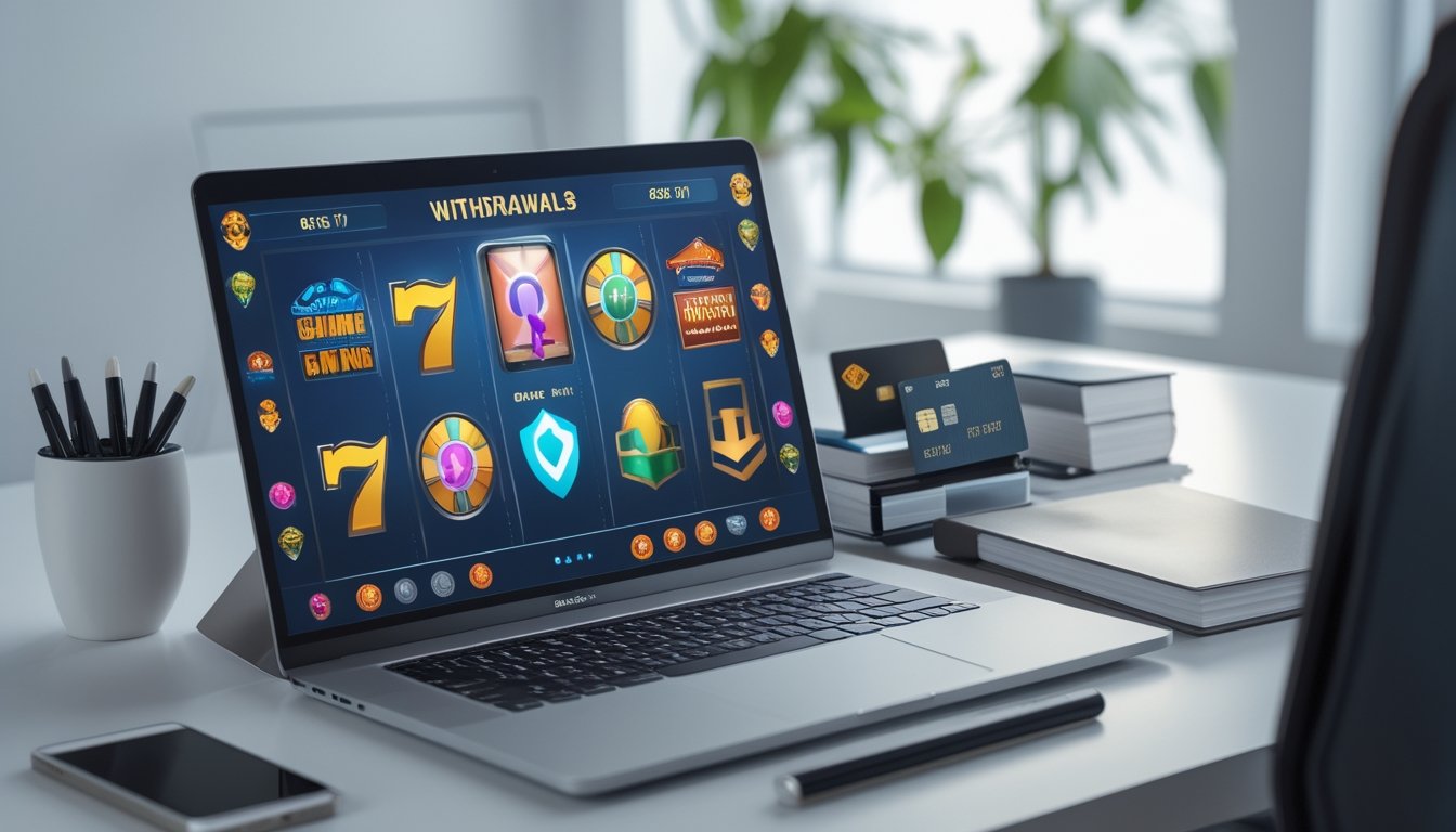 Laptop menampilkan permainan mesin slot dengan ikon keamanan dan tanda konfirmasi pembayaran.