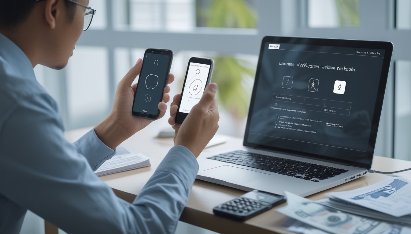 Seorang profesional memeriksa aplikasi di ponsel dan informasi pada laptop.