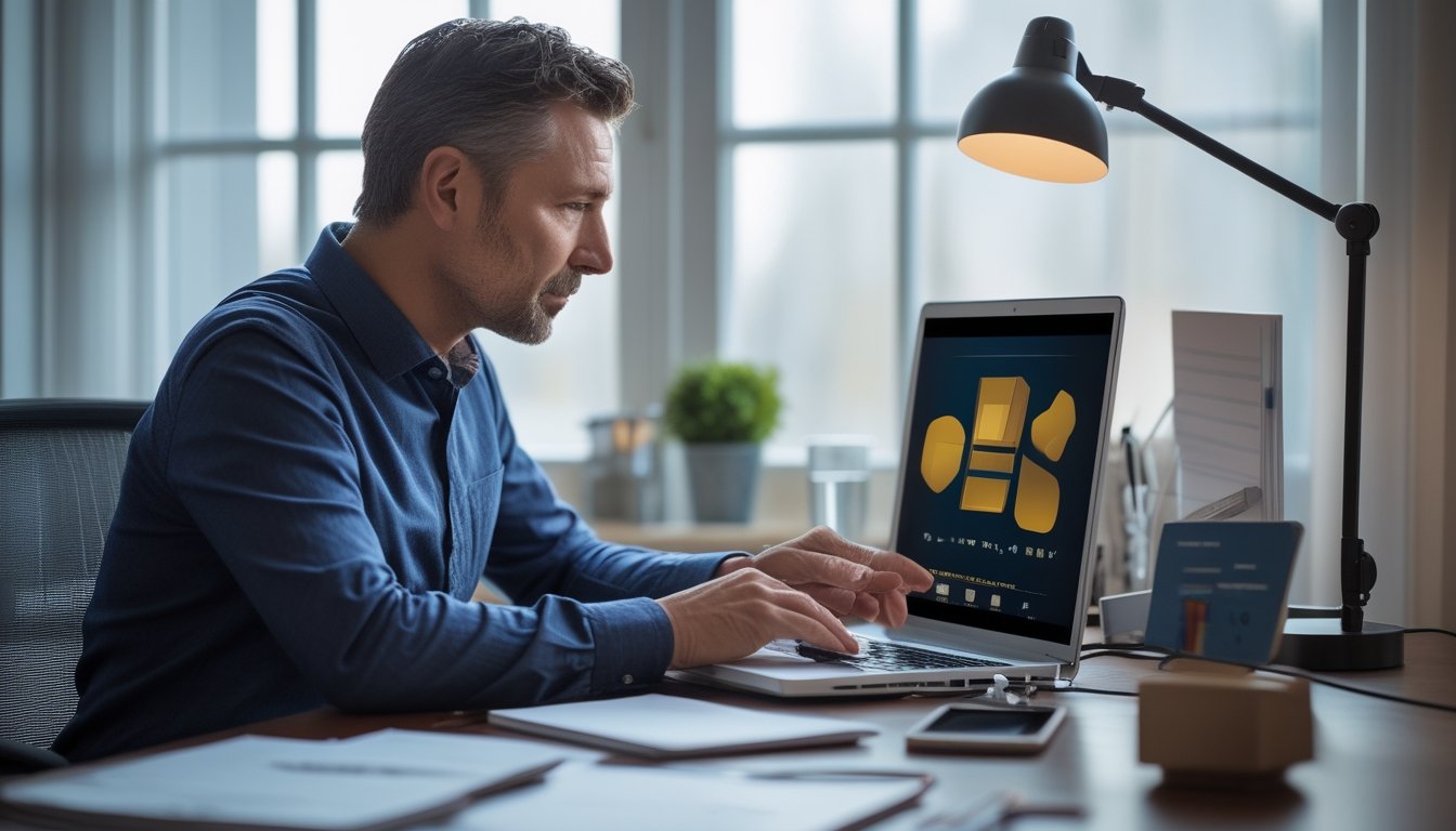 Seseorang memeriksa informasi di laptop sambil membandingkannya dengan catatan dan ponsel.