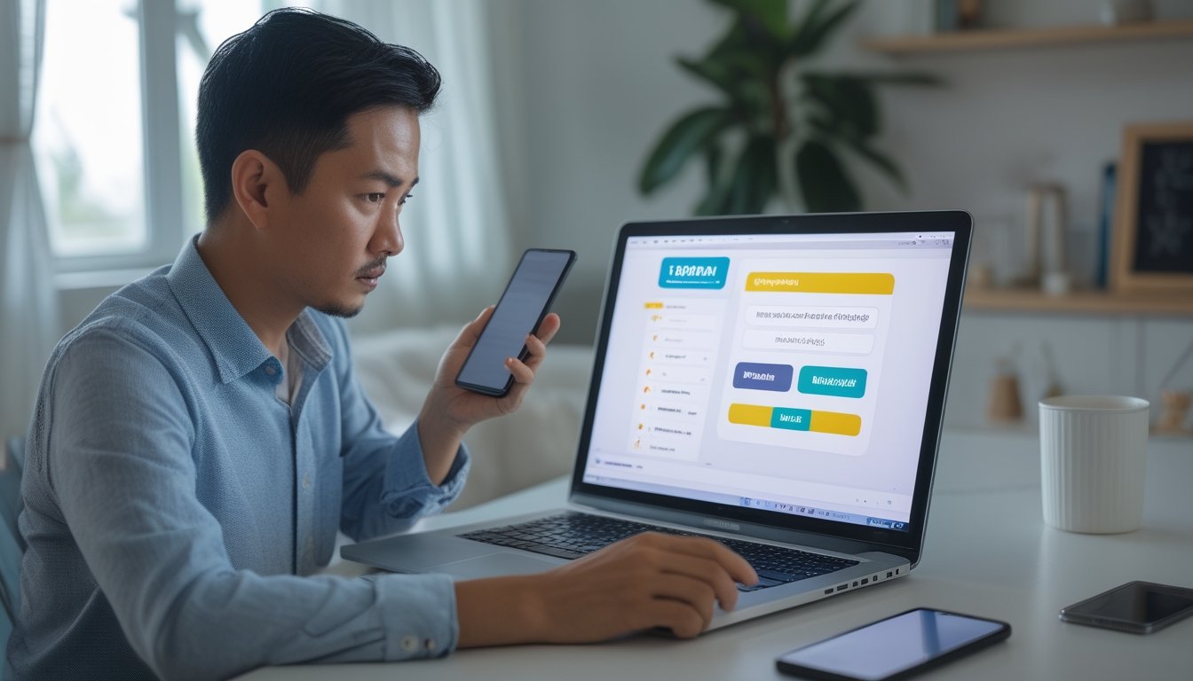 Seseorang memeriksa laptop dan ponsel dengan cermat di meja kerja.