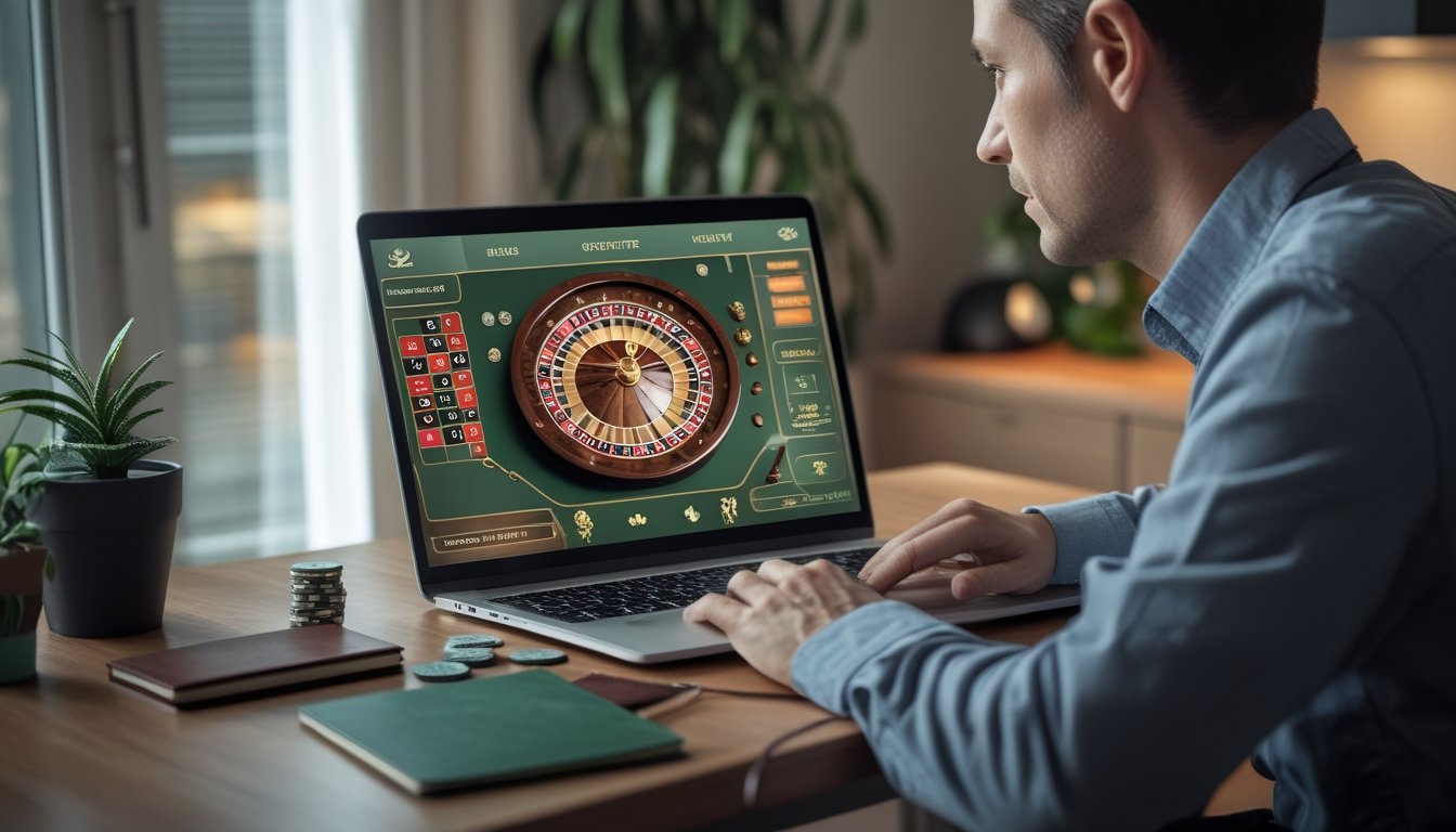 Seorang pemula mempelajari permainan roulette di laptop dengan buku catatan dan beberapa keping taruhan di meja.