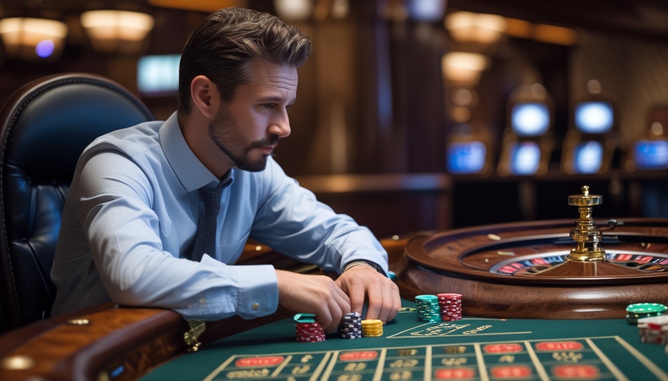 Seorang pemula mengamati roda roulette sebelum meletakkan chip.