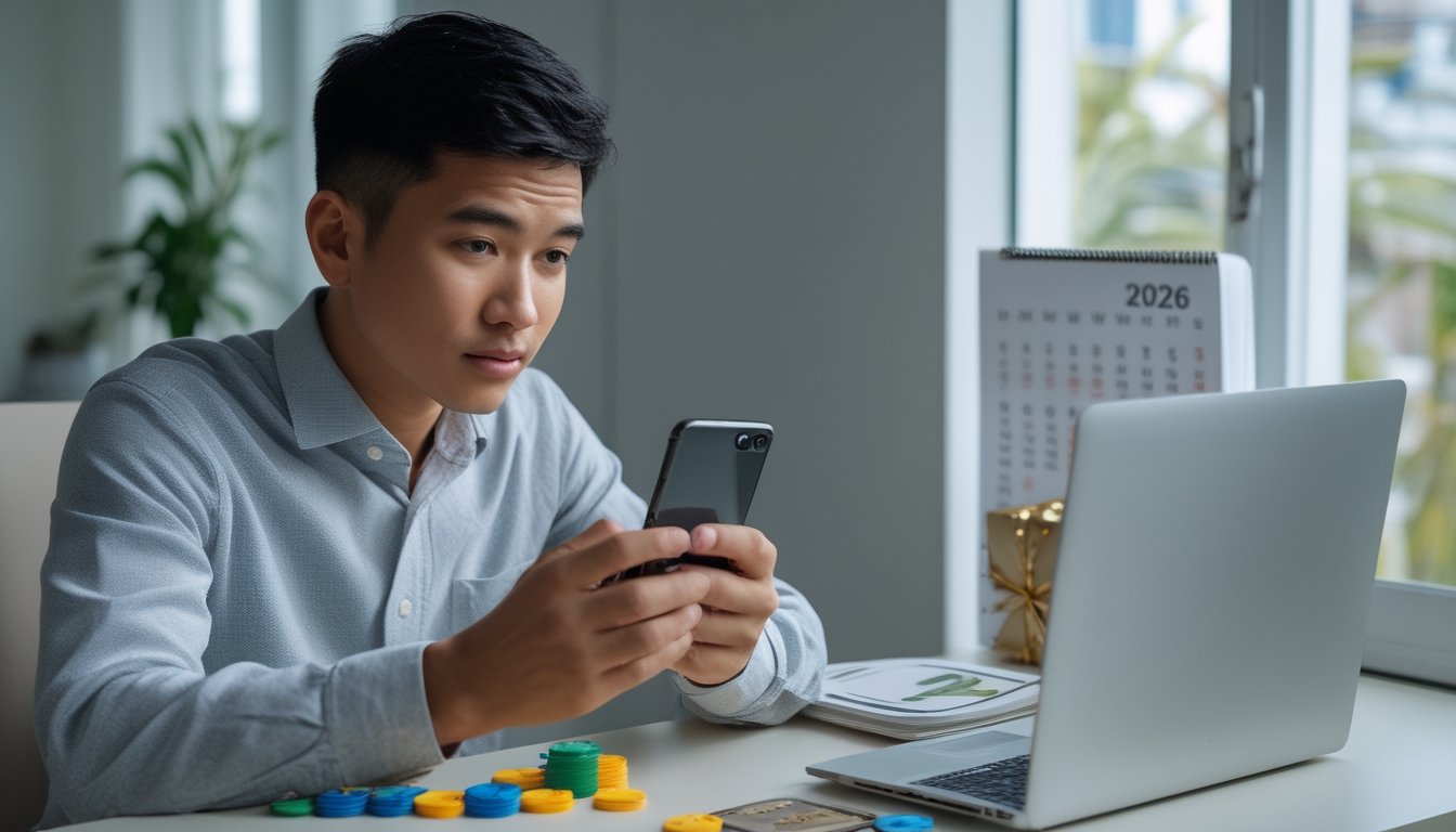 Seorang pria melihat ponsel di meja dengan laptop, token permainan, dan kotak hadiah.