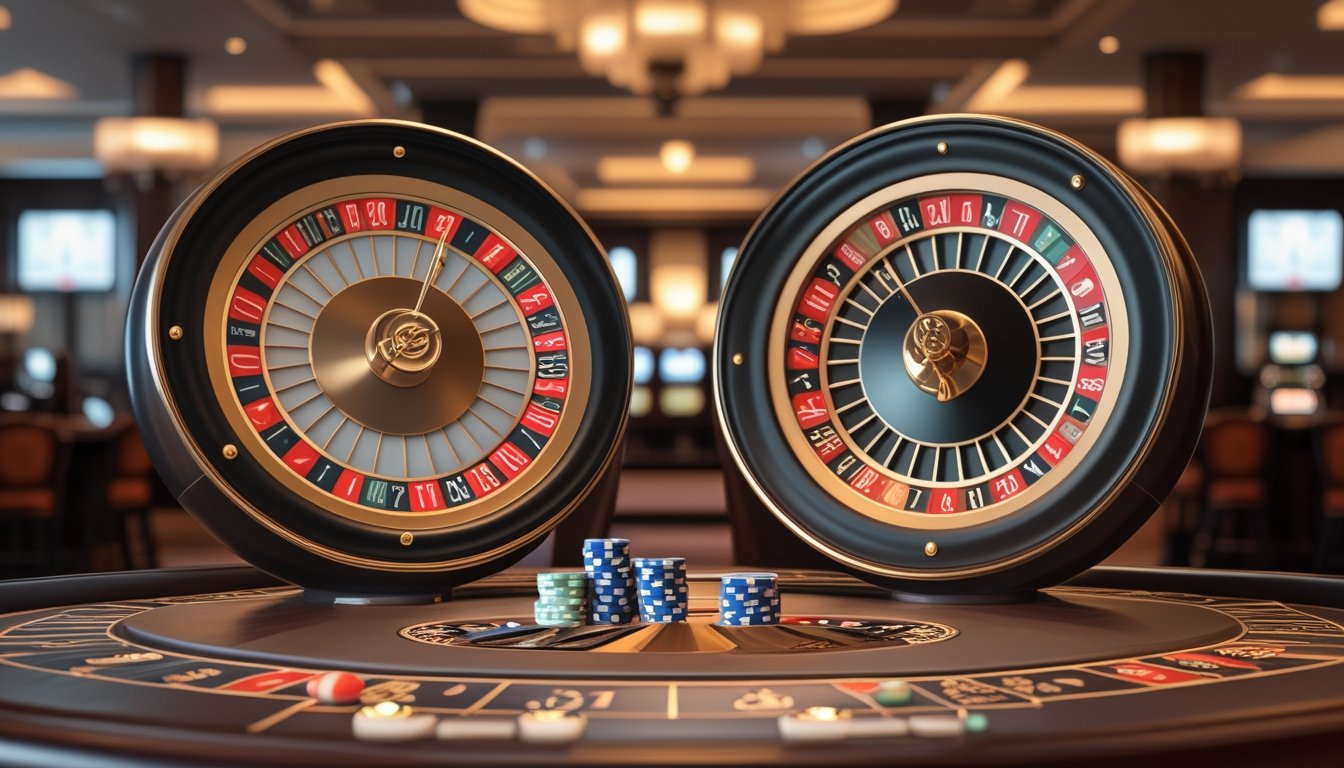 Dua roda roulette berdampingan di atas meja kasino dengan beberapa keping taruhan.
