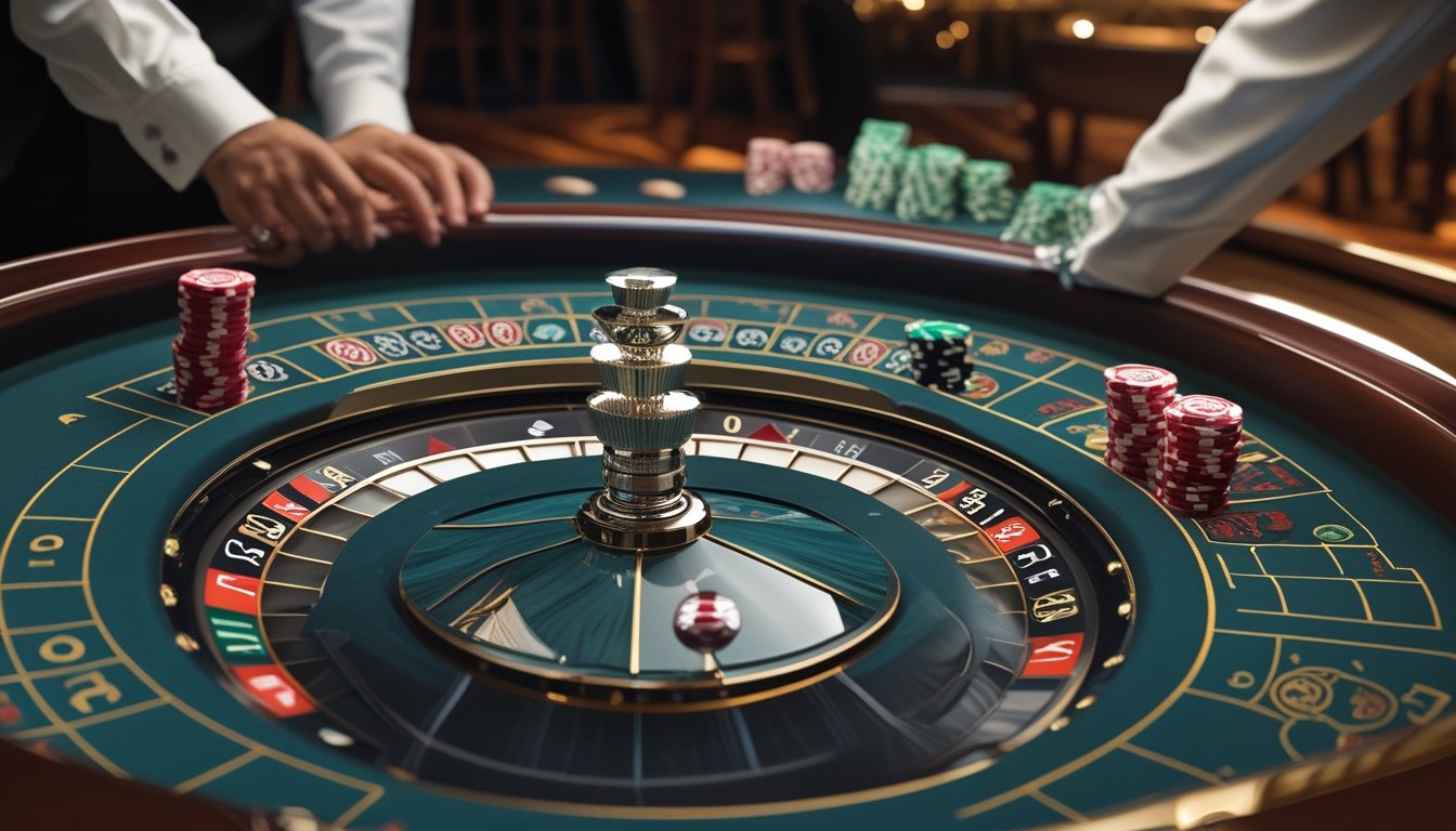 Dua roda roulette dengan susunan kantong berbeda dan keping taruhan di meja kasino.