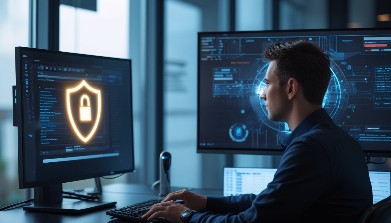 Seorang spesialis keamanan siber memeriksa sistem perlindungan data di ruang kerja modern.