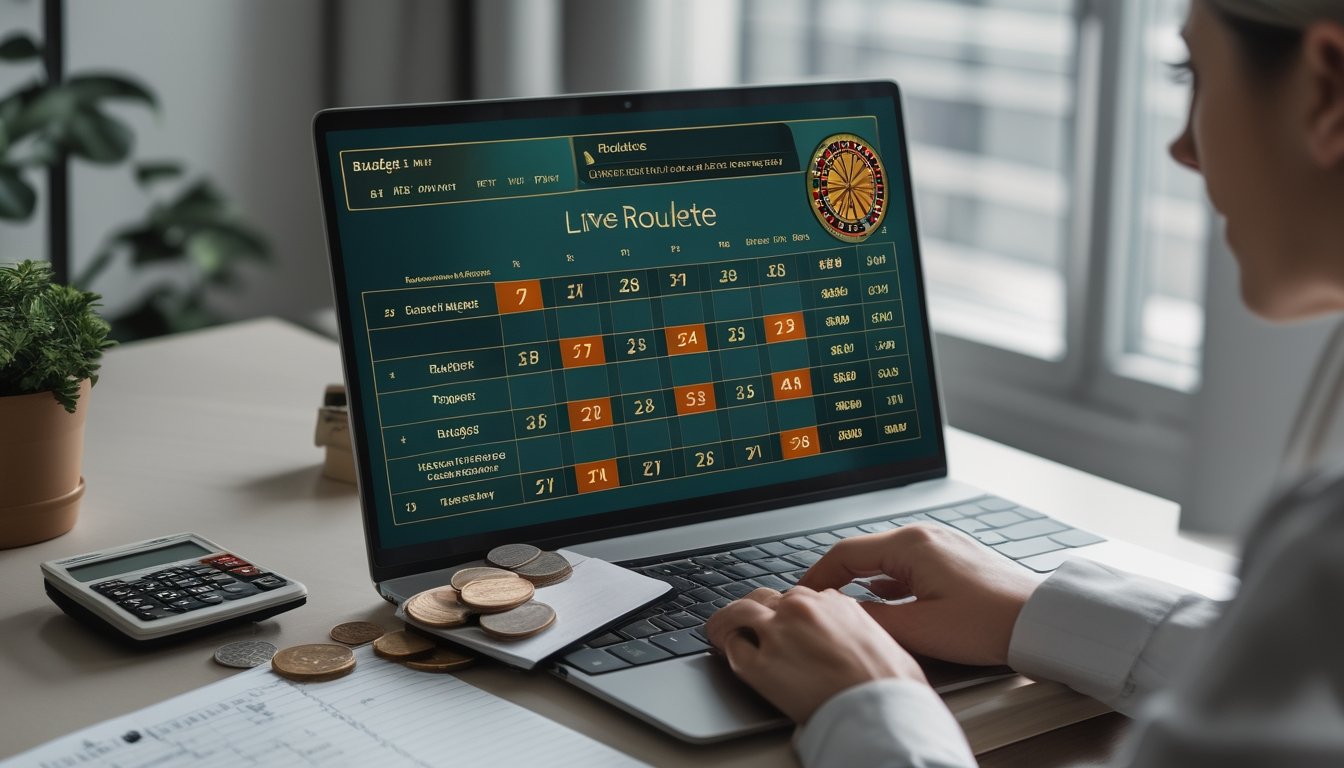 Seseorang mengatur anggaran di meja sambil melihat permainan roulette langsung di laptop.