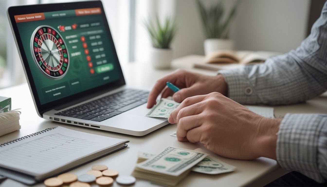 Seorang dewasa memeriksa anggaran hiburan di meja dengan laptop yang menampilkan roda roulette.