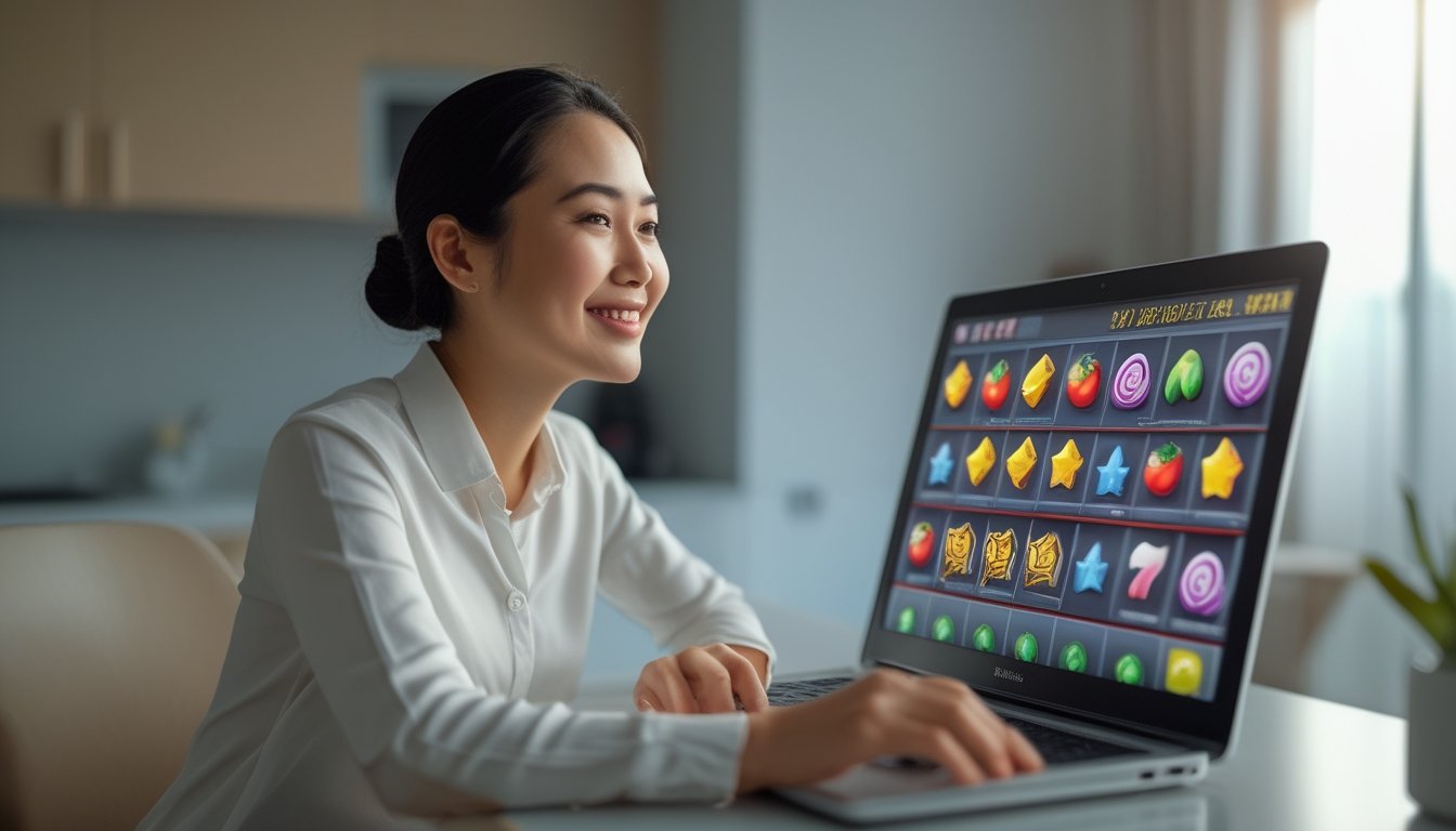 Seseorang melihat permainan slot di laptop sambil tersenyum.