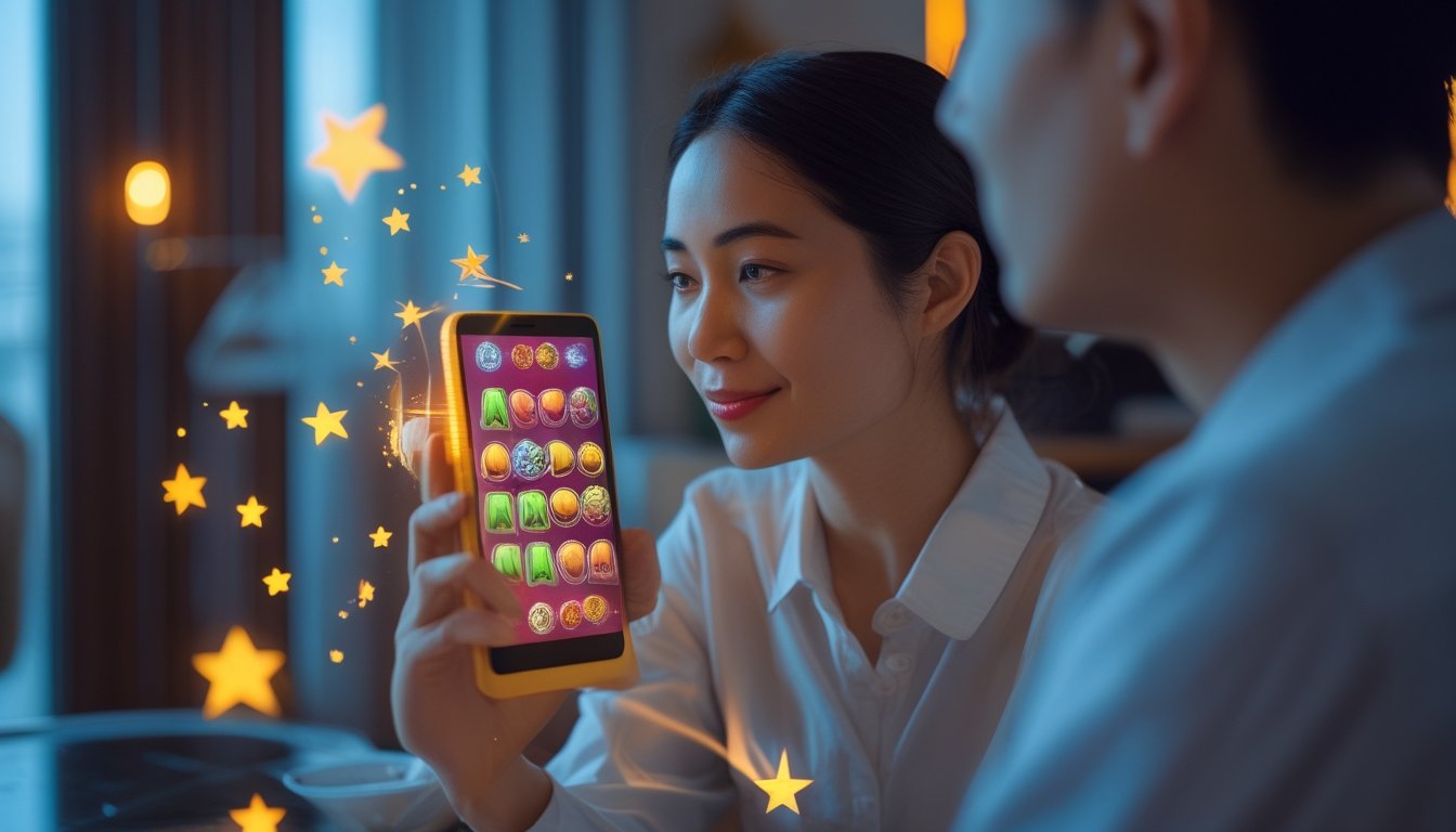 Seseorang menggunakan ponsel untuk memainkan permainan slot di rumah.
