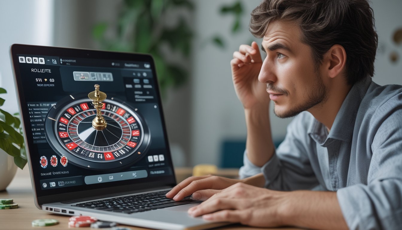 Seorang pemula tampak ragu saat melihat permainan roulette di laptop.