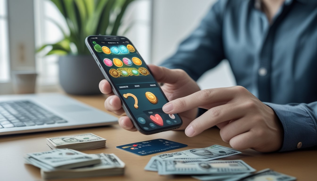 Seseorang menggunakan ponsel dengan permainan slot di layar di samping laptop dan uang rupiah.