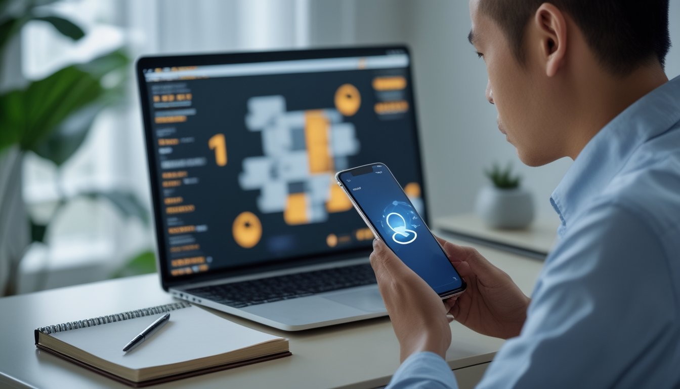 Seseorang memeriksa tampilan permainan daring di ponsel dan laptop.