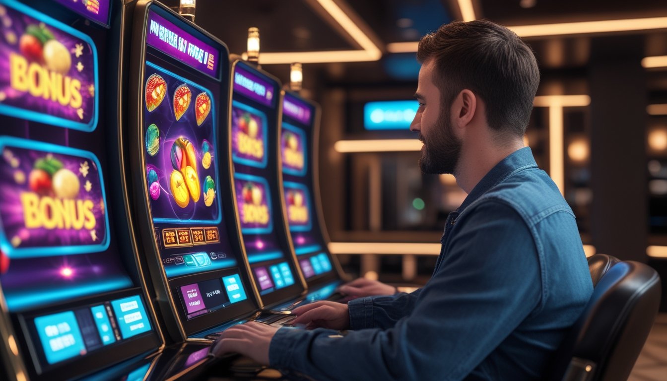 Seseorang bermain mesin slot digital dengan simbol berwarna-warni dan token bonus bercahaya.