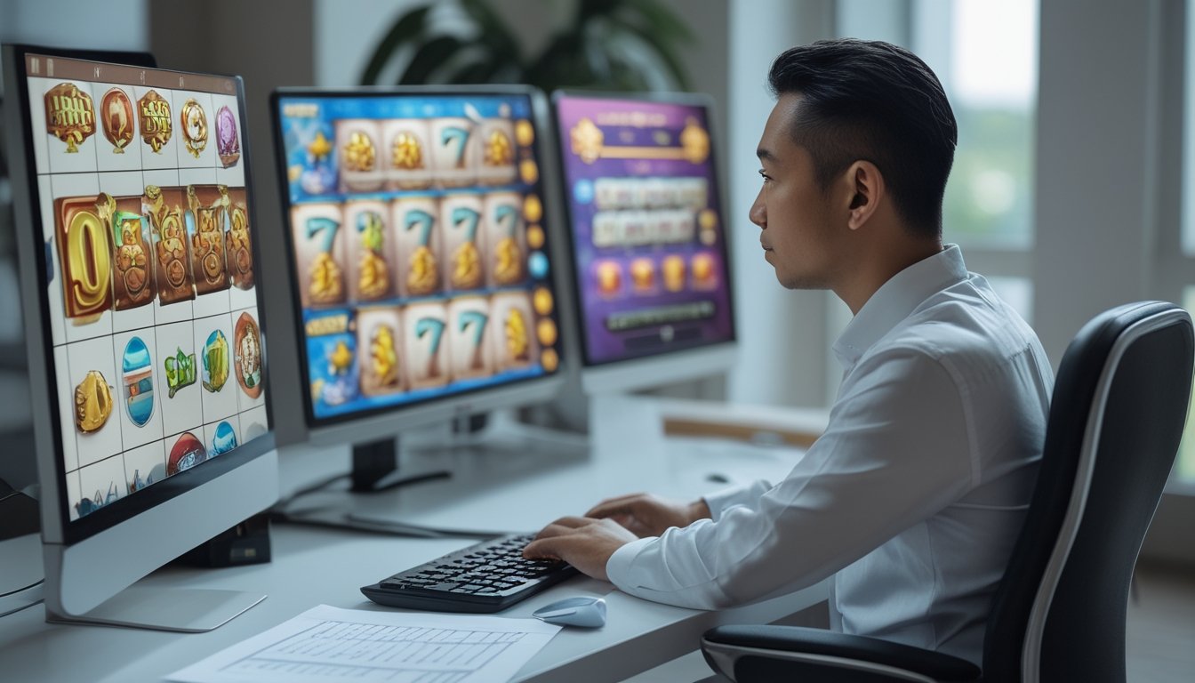 Seorang analis membandingkan permainan slot dengan simbol scatter di layar komputer dan tablet.