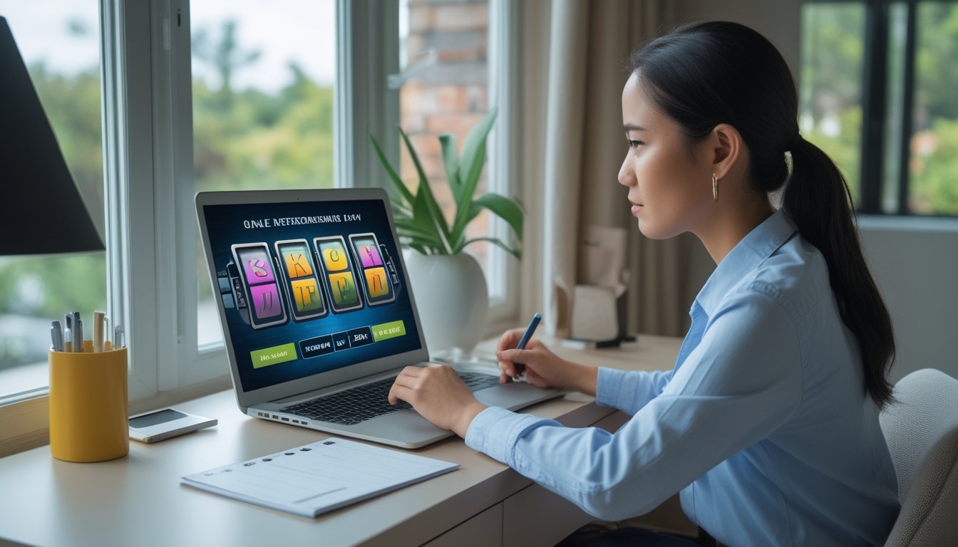 Seorang pemula duduk di meja sambil melihat permainan slot di laptop dan mencatat anggaran.