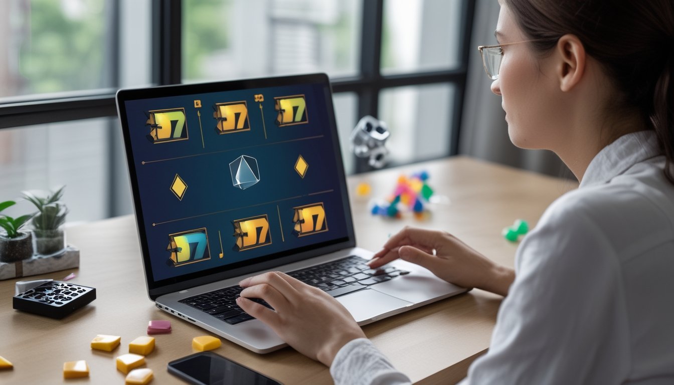 Seorang pemula mempelajari permainan slot dan peluangnya melalui laptop di meja.