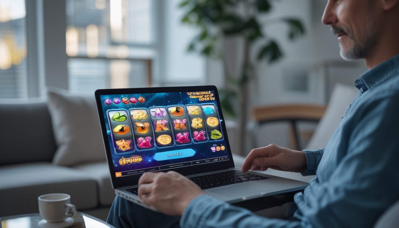 Seorang dewasa mencoba permainan slot berwarna-warni di laptop sambil bersantai di rumah.