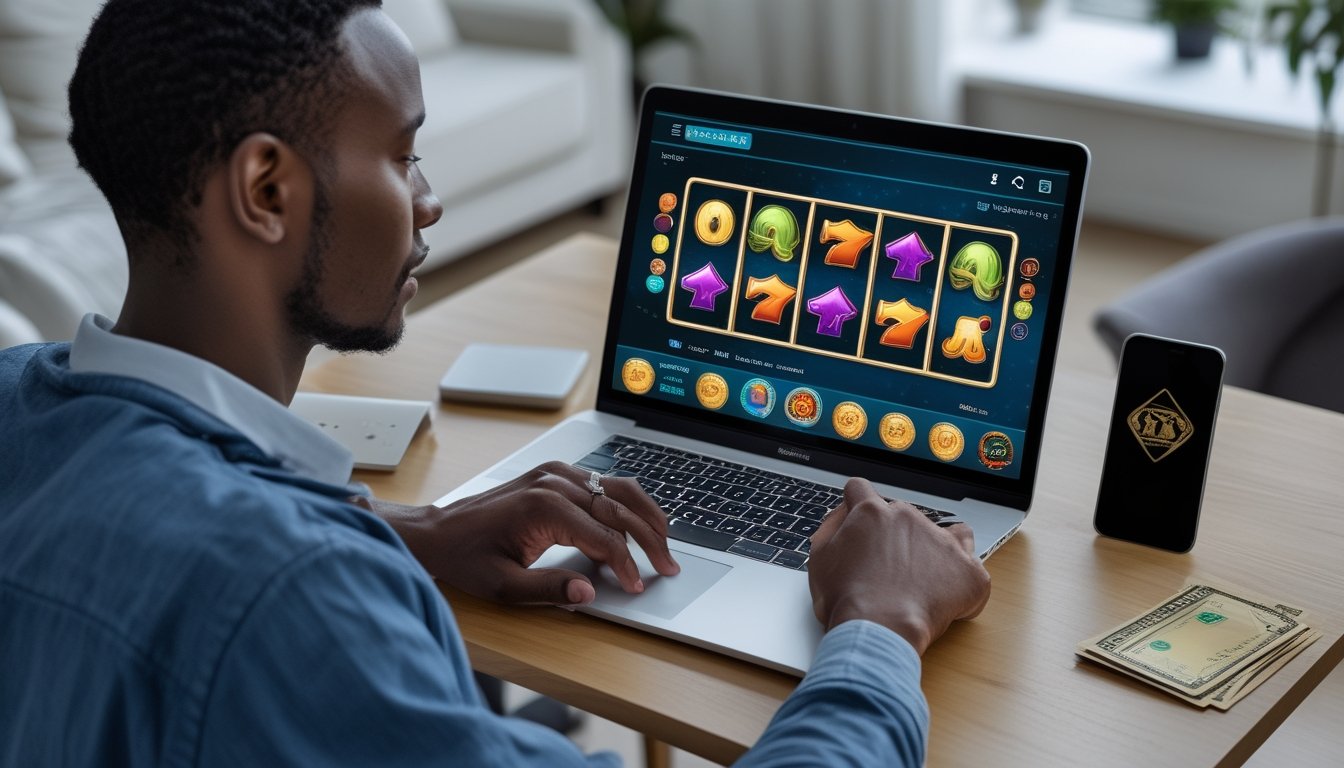 Seorang dewasa mencoba permainan slot digital di laptop dari rumah.