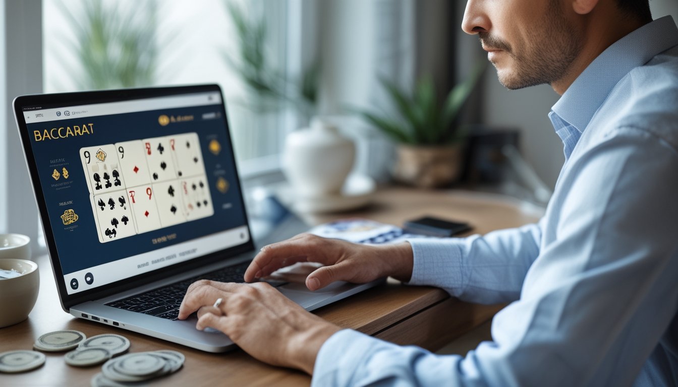 Seorang pemula mempelajari permainan baccarat di laptop dengan beberapa keping chip di meja.