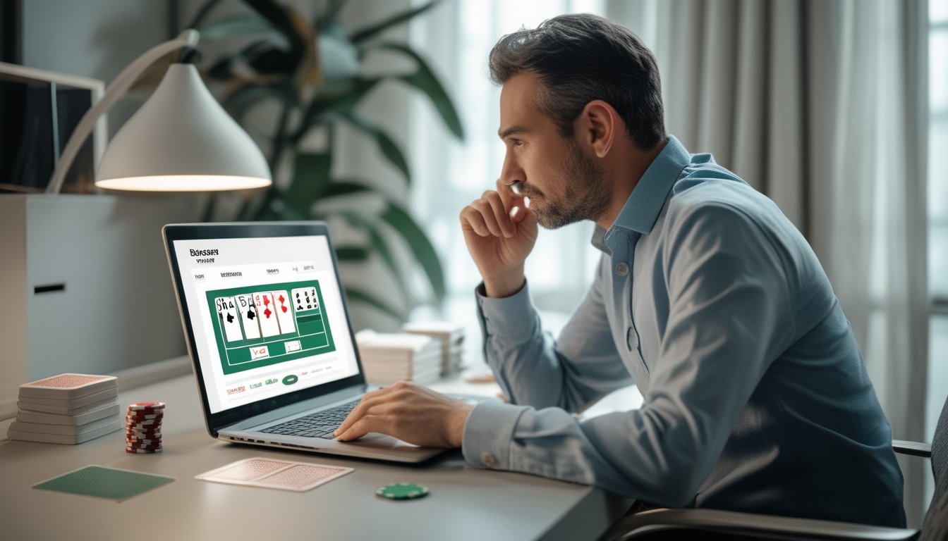 Seorang pemula mempelajari permainan baccarat daring di depan laptop.
