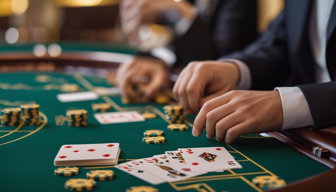 Tangan pemain mempertimbangkan langkah berikutnya di meja baccarat dengan kartu dan keping taruhan.