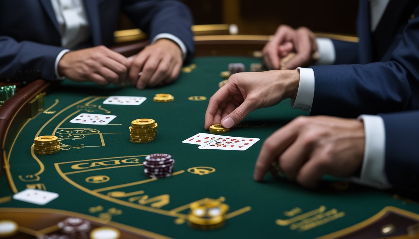 Seorang pemain mengamati kartu dan keping taruhan di meja baccarat.