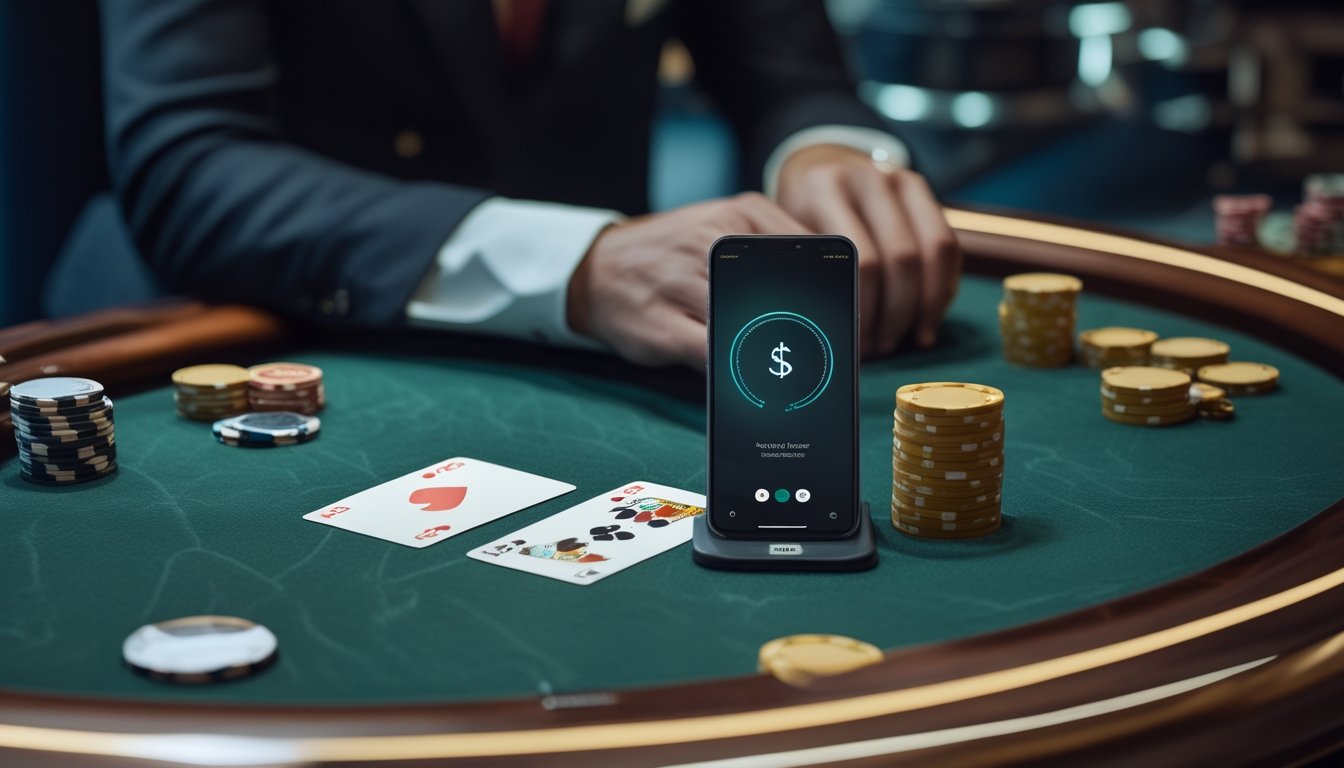Meja baccarat dengan kartu, keping taruhan, dan ponsel.