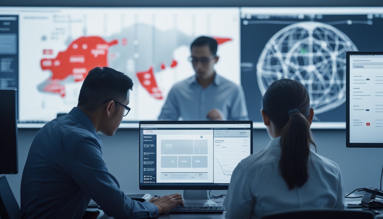 Tim penyelidik dan analis keuangan bekerja bersama memeriksa aktivitas digital di ruang operasi.