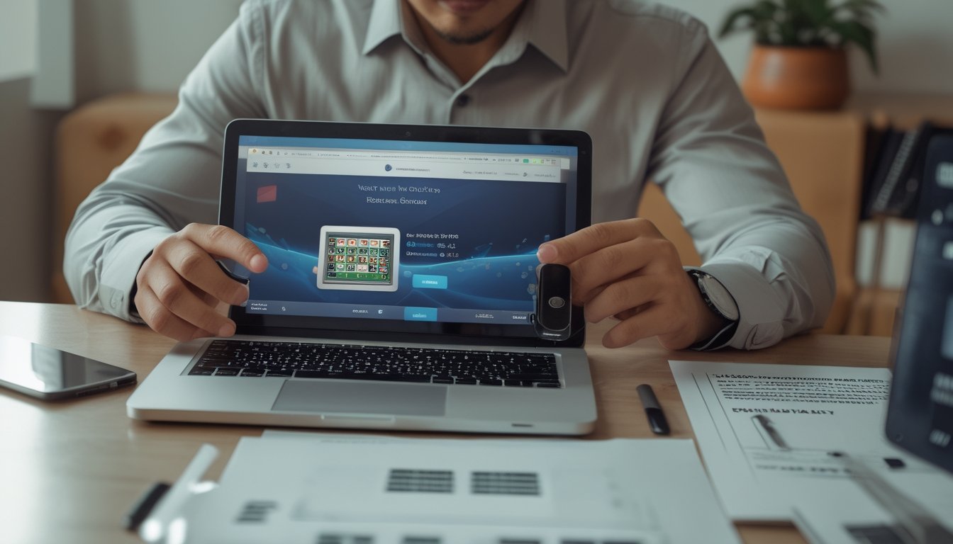 Seorang dewasa memeriksa situs baccarat di laptop sambil menggunakan ponsel di meja kerja.