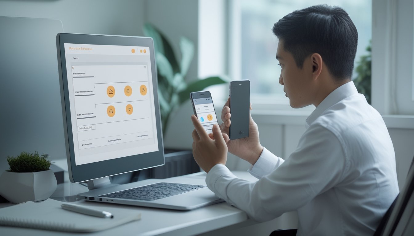 Seseorang menggunakan ponsel dan laptop untuk meninjau aktivitas keuangan di meja kerja.