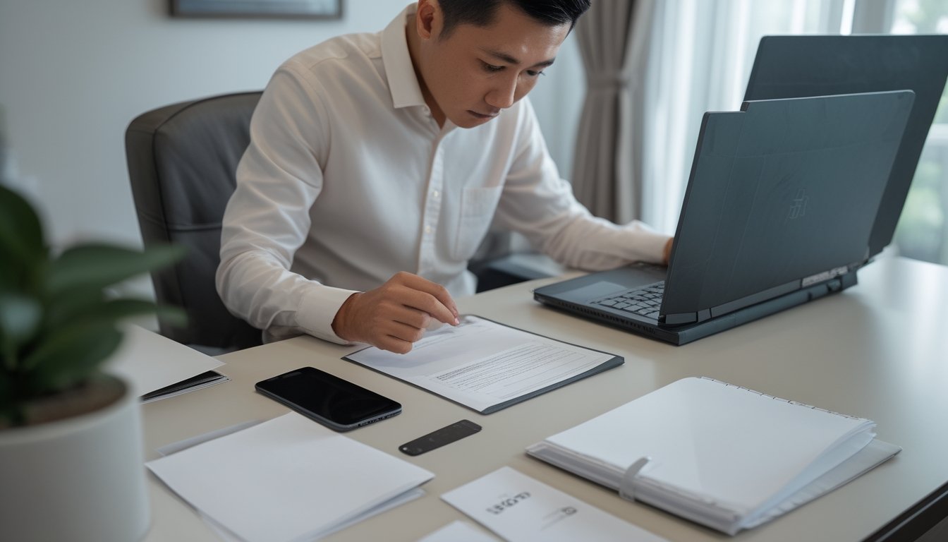 Seseorang menyiapkan dokumen sambil memeriksa ponsel dan laptop di meja.