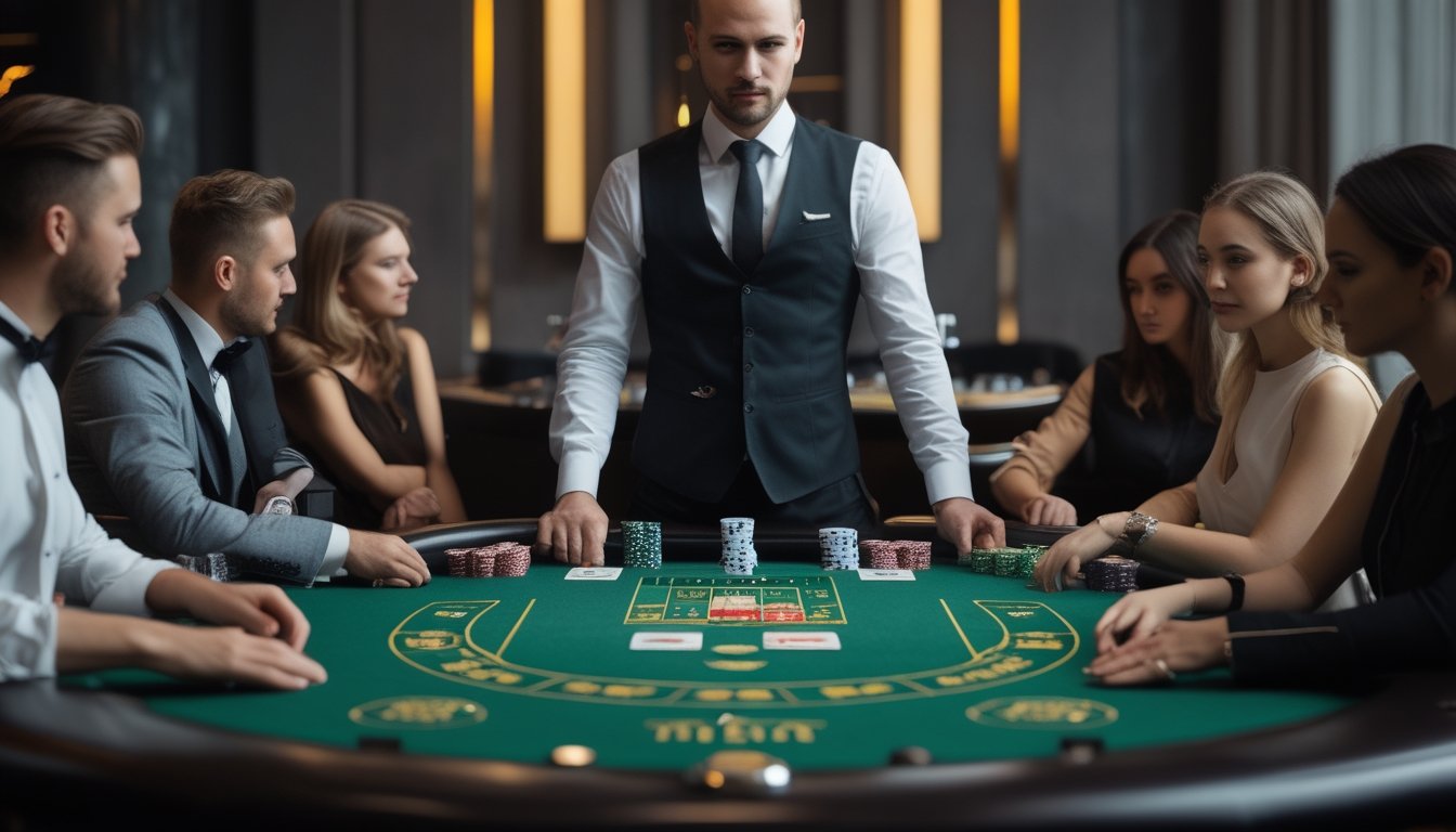 Dealer dan pemain sedang bermain baccarat di meja kasino.
