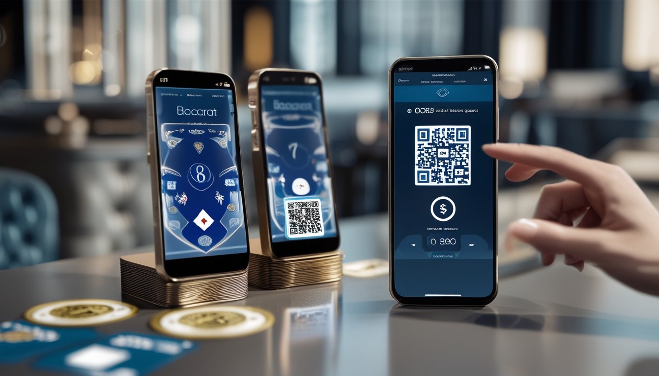 Seseorang memindai kode QR pada ponsel di dekat tampilan permainan baccarat digital.
