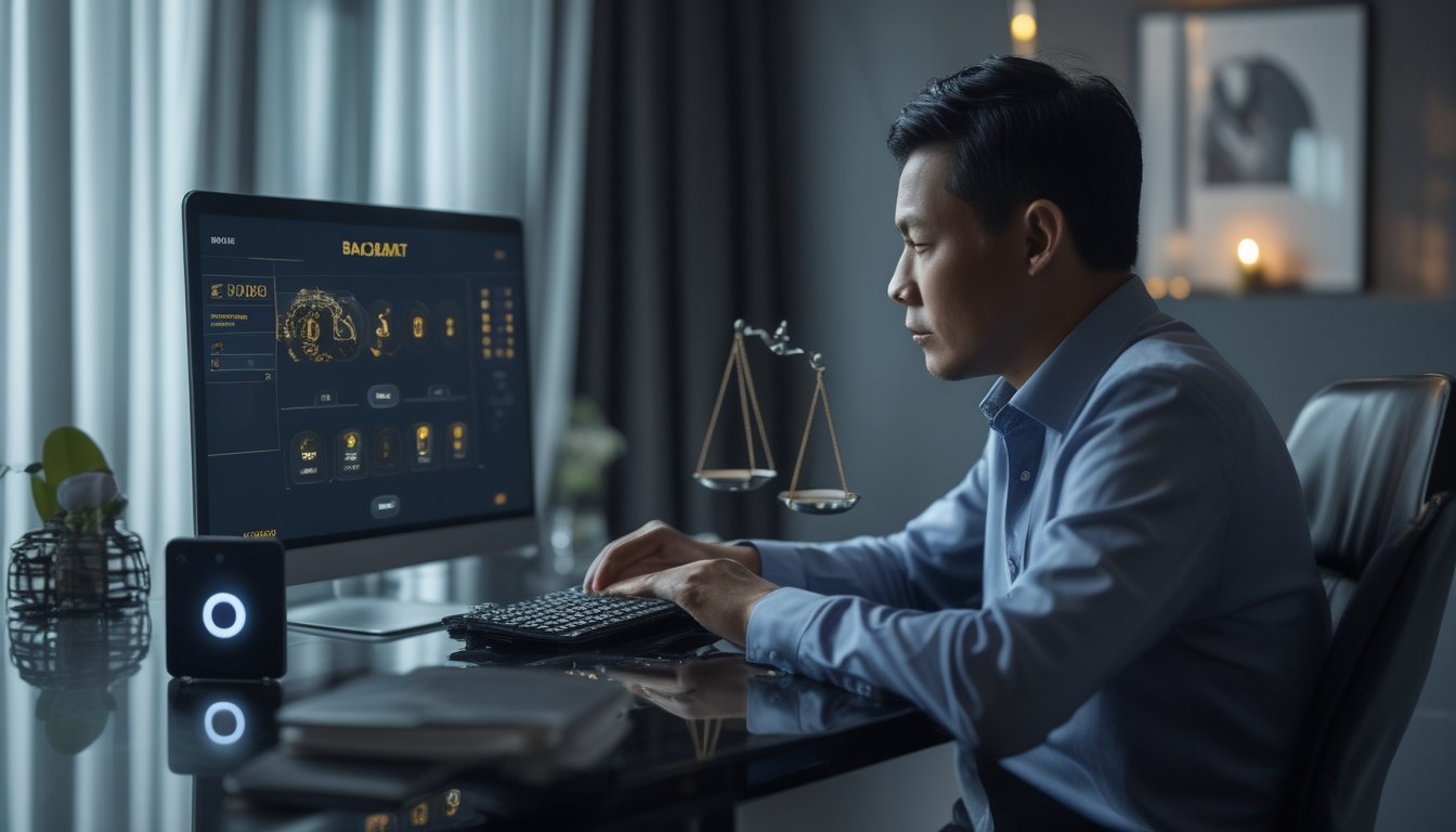 Seseorang tampak berhati-hati saat melihat permainan baccarat online di laptop, dengan ponsel di dekatnya.