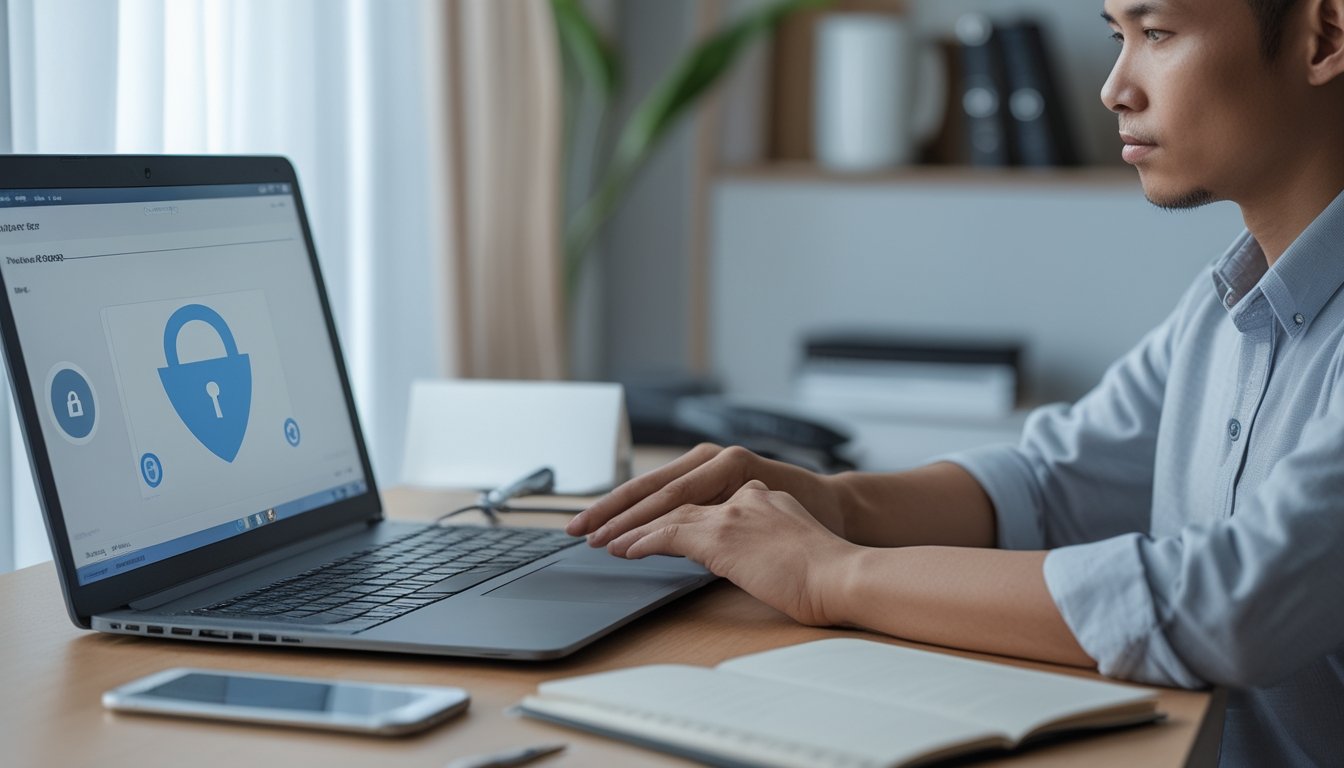 Seseorang memeriksa pengaturan keamanan akun di laptop dan ponsel.