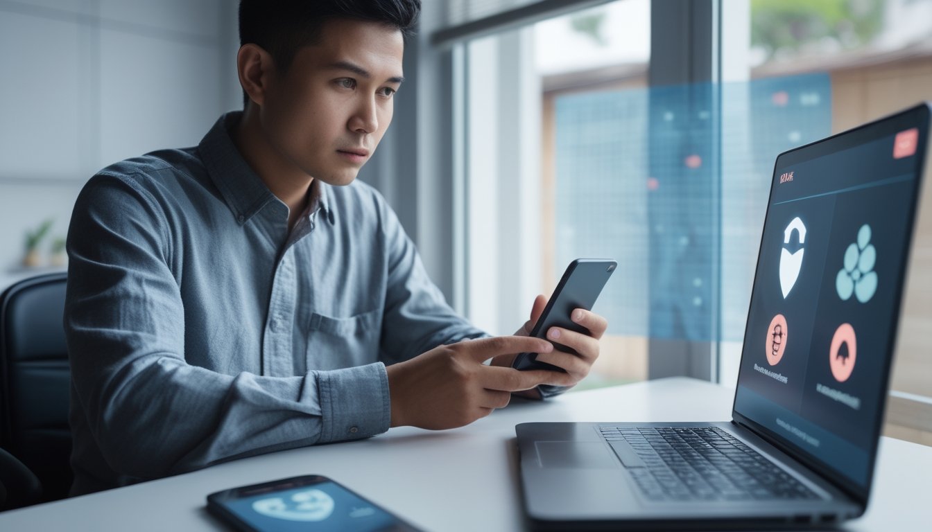 Seseorang memeriksa keamanan akun di ponsel dan laptop.