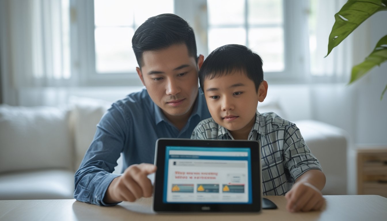Orang tua mendampingi anak menggunakan tablet di rumah.