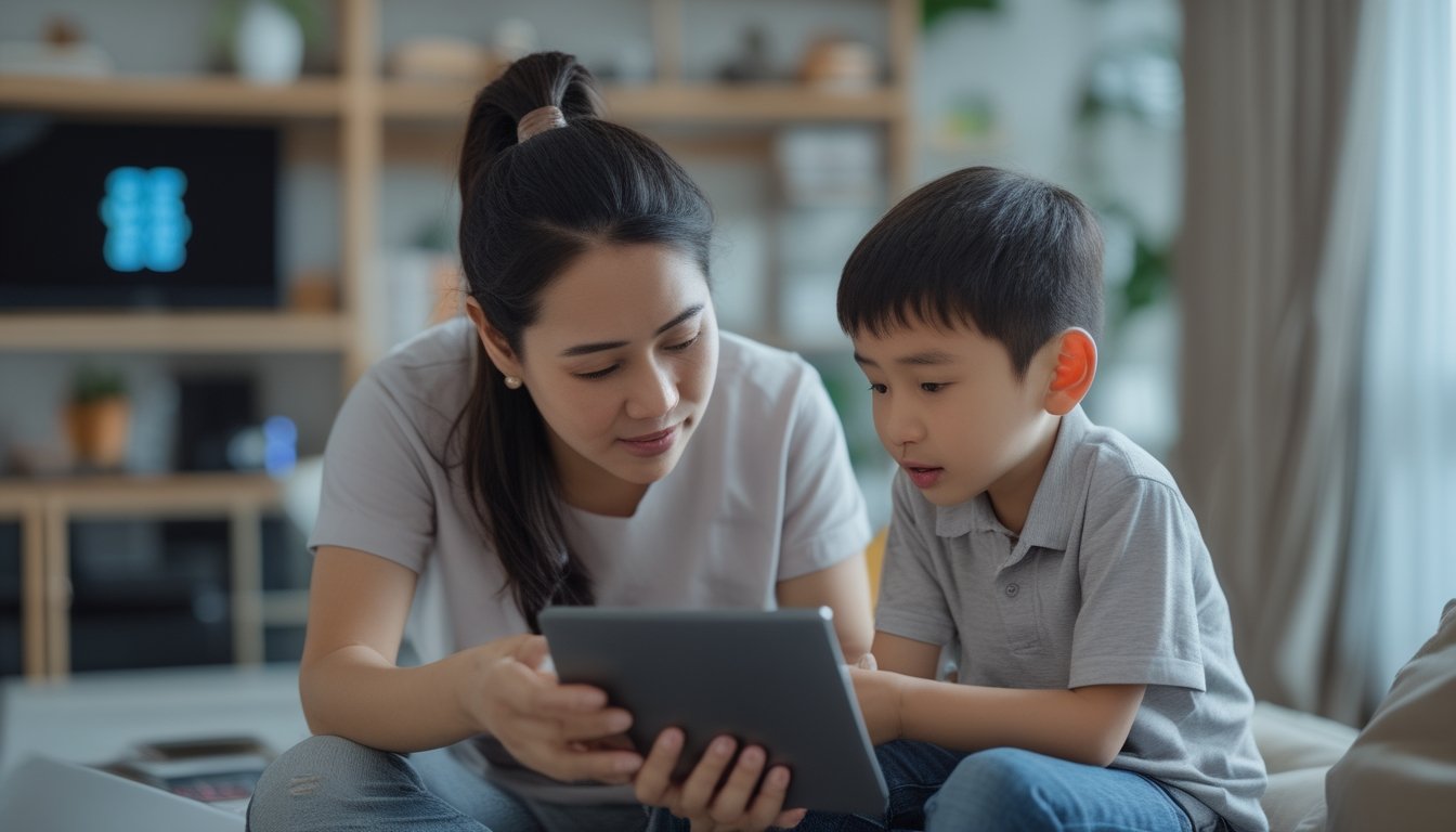 Orang tua mendampingi anak saat menggunakan perangkat digital di rumah.