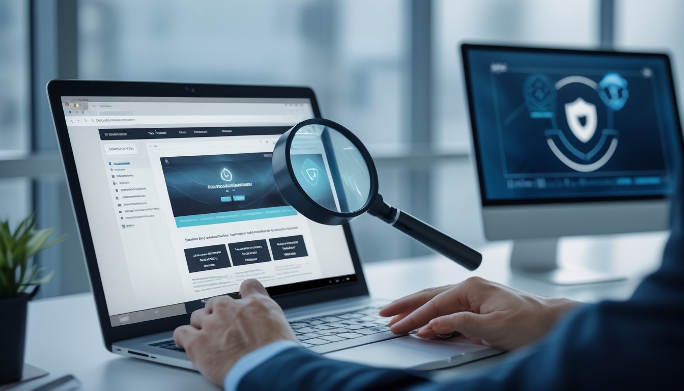 Seorang profesional keamanan siber memeriksa situs web mencurigakan di laptop.