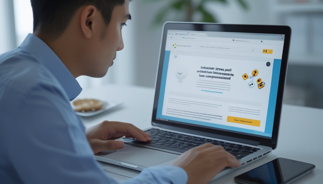 Seorang administrator memeriksa situs web mencurigakan di laptop dengan ekspresi waspada.