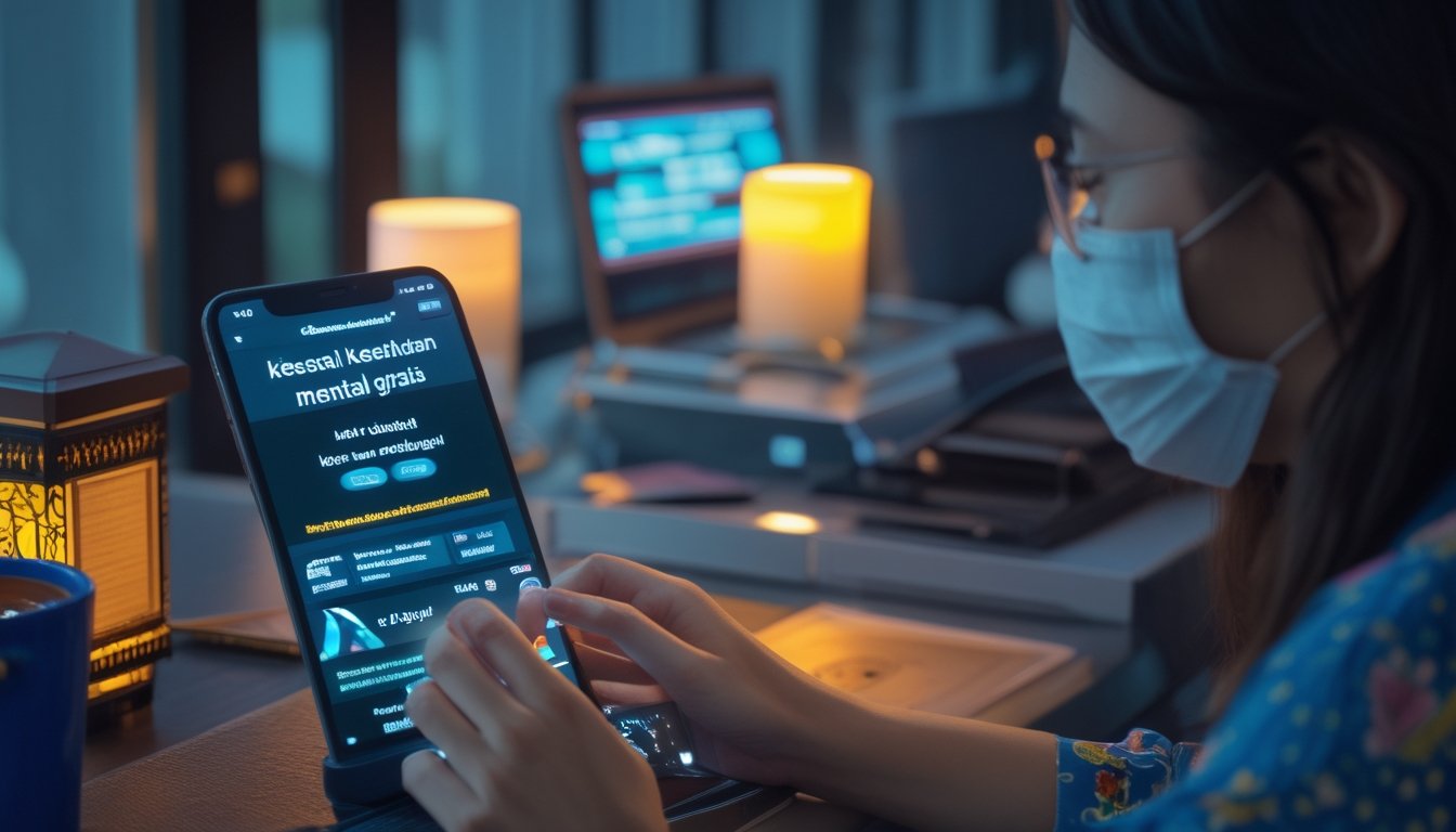 Seorang dewasa muda tampak cemas melihat ponsel, sementara konselor muncul dalam panggilan video di laptop.