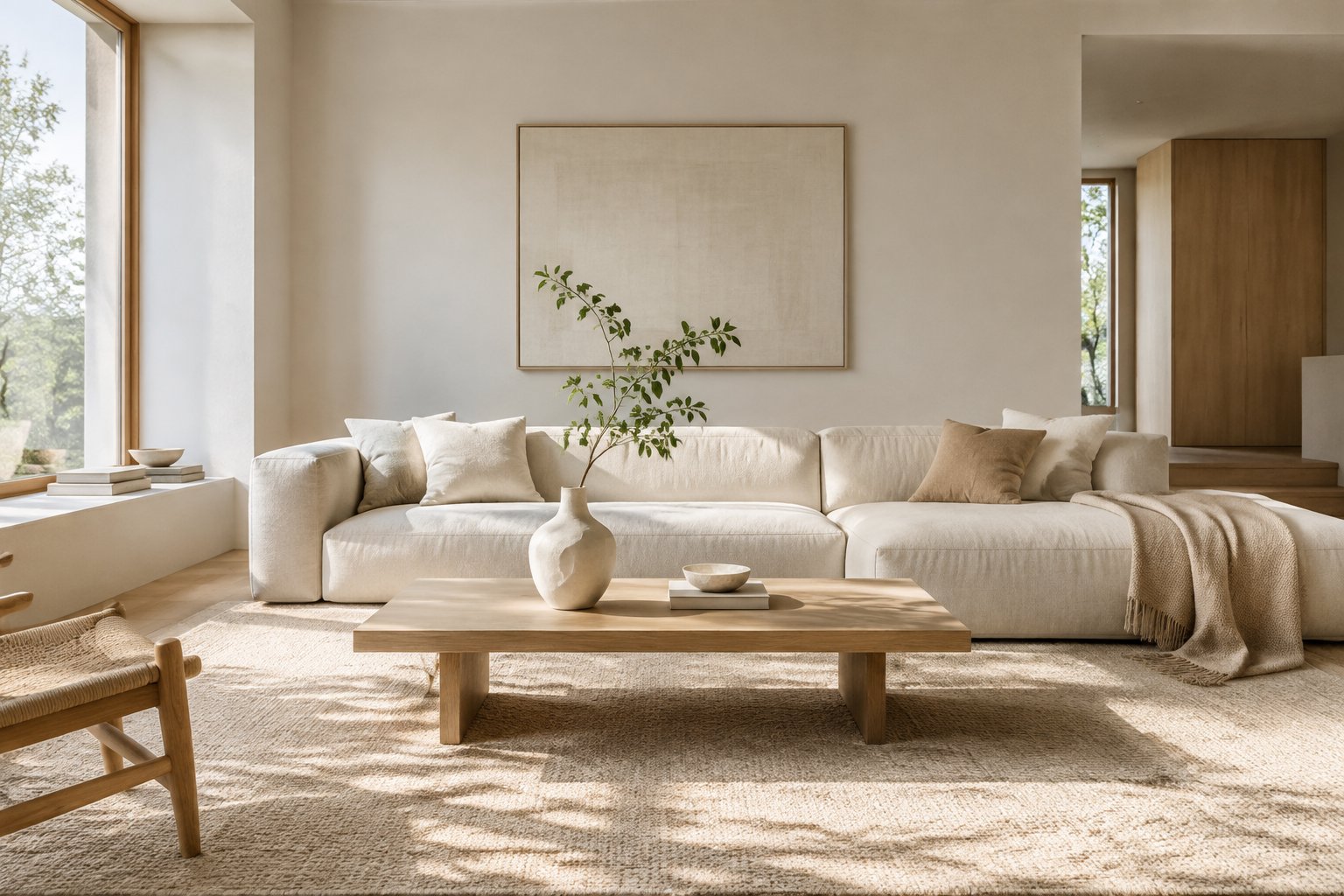 A bright living room with a sofa, coffee table, vase, and leafy branch.